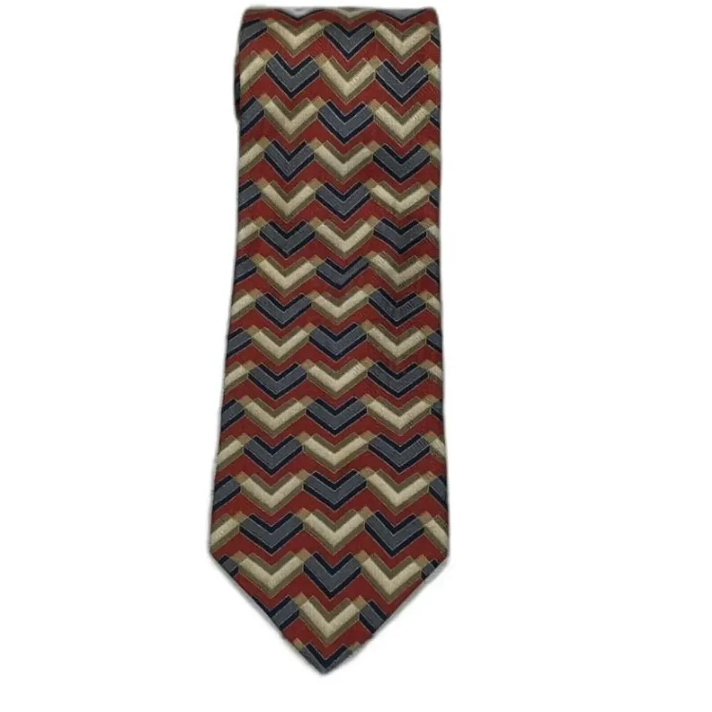 Alfani Silk Tie Red Blue Chevron Geometric Pattern Zig Zag Neck Tie Costello Red